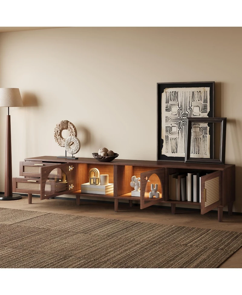 Rainsken 70.8" Led Tv Stand, with 3 Cabinets and 2 Drawers, Rattan-Inspired Media Console Tablem, with App Controlled, for Living Room, Bedroom