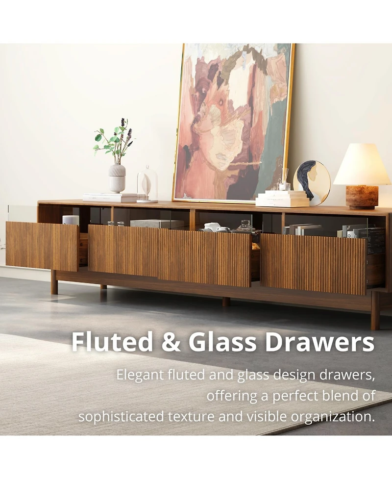 Rainsken 70" Fluted Wood Tv Stand, up to 85 Inch TVs, Media Console Entertainment Center with Glass, for Bedroom, Living Room