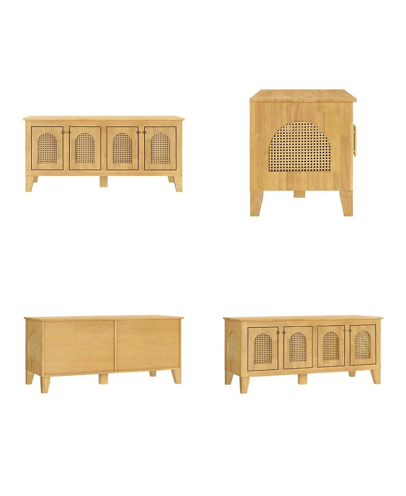 6thdruple Rattan Decor Dog Crate, Rubber Wood Cabinet Furniture with 4 Doors for Living Room