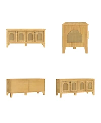 6thdruple Rattan Decor Dog Crate, Rubber Wood Cabinet Furniture with 4 Doors for Living Room