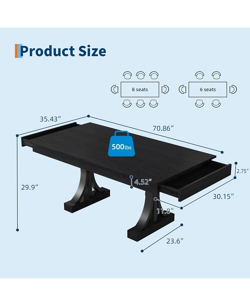 homfan 71" Dining Table for 6-8 with 2 Drawers, Double Pedestal Industrial Wooden Kitchen Table