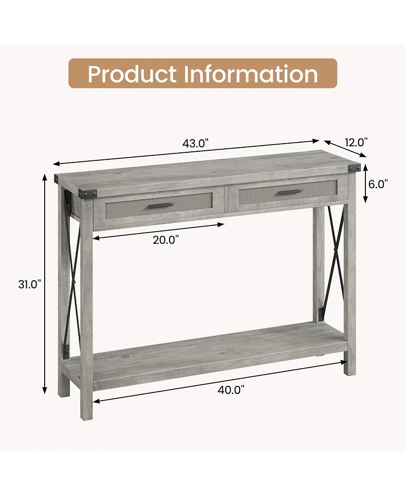 homfan 43" Burlywood and Grey Console Table with Rattan Drawers and Storage Shelf, Entryway Sofa Table
