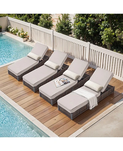 Pocassy Set of 4 Patio Chaise Lounge Chair, Wicker Outdoor Reclining Chair with Adjustable 5-Position, 5-inch Cushion and Lumber Pillow