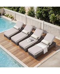 Pocassy Set of 4 Patio Chaise Lounge Chair, Wicker Outdoor Reclining Chair with Adjustable 5-Position, 5-inch Cushion and Lumber Pillow
