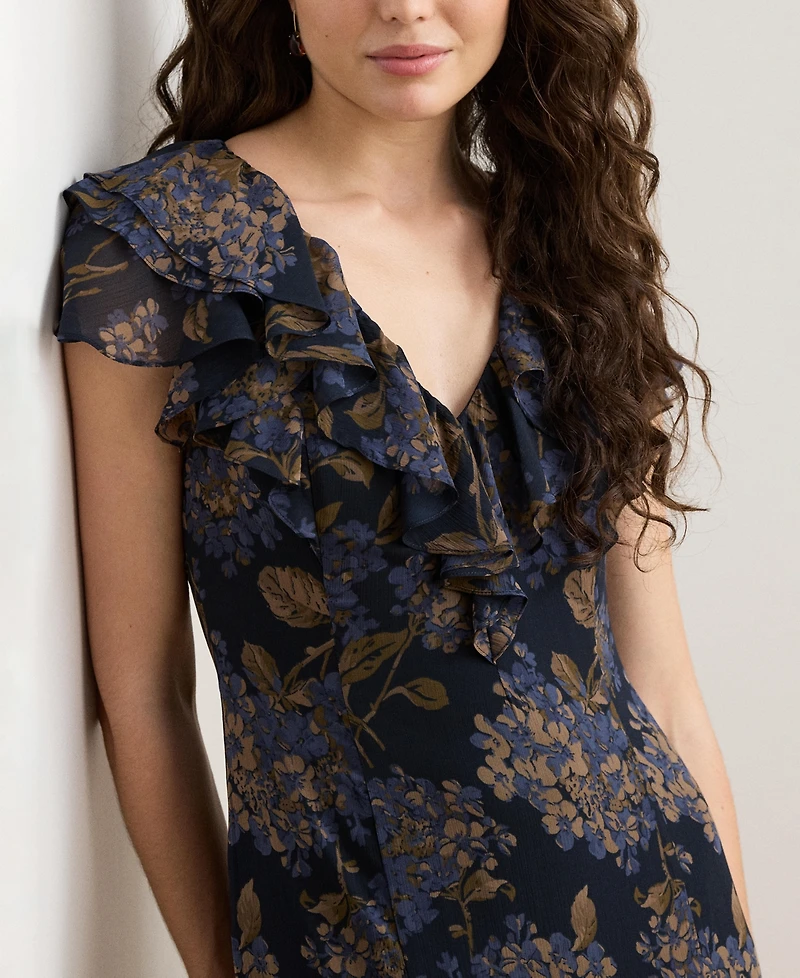 Lauren Ralph Women's Floral Ruffle-Trim Georgette Gown