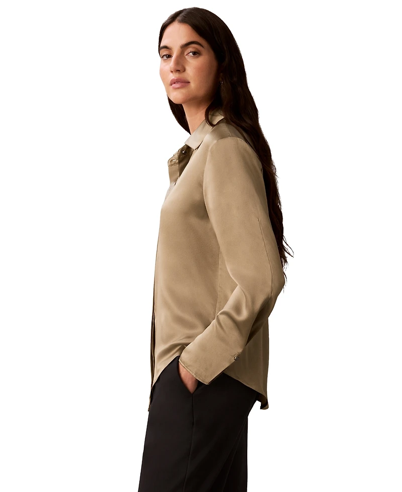 Calvin Klein Petite Pleated Long-Sleeve Button-Front Collared Shirt
