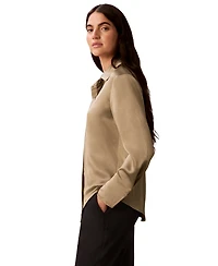 Calvin Klein Petite Pleated Long-Sleeve Button-Front Collared Shirt