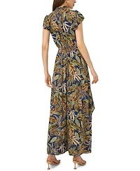 Msk Women's Leaf Print Smocked Mock Neck Jumpsuit