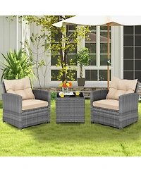 Slickblue 3 Pieces Outdoor Wicker Conversation Set with Tempered Glass Tabletop