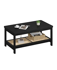 Two-Tier Rectangular Coffee Table with Perforated Lower Storage Shelf, Minimalist Frame Design Multi-Purpose Accent for Living Room