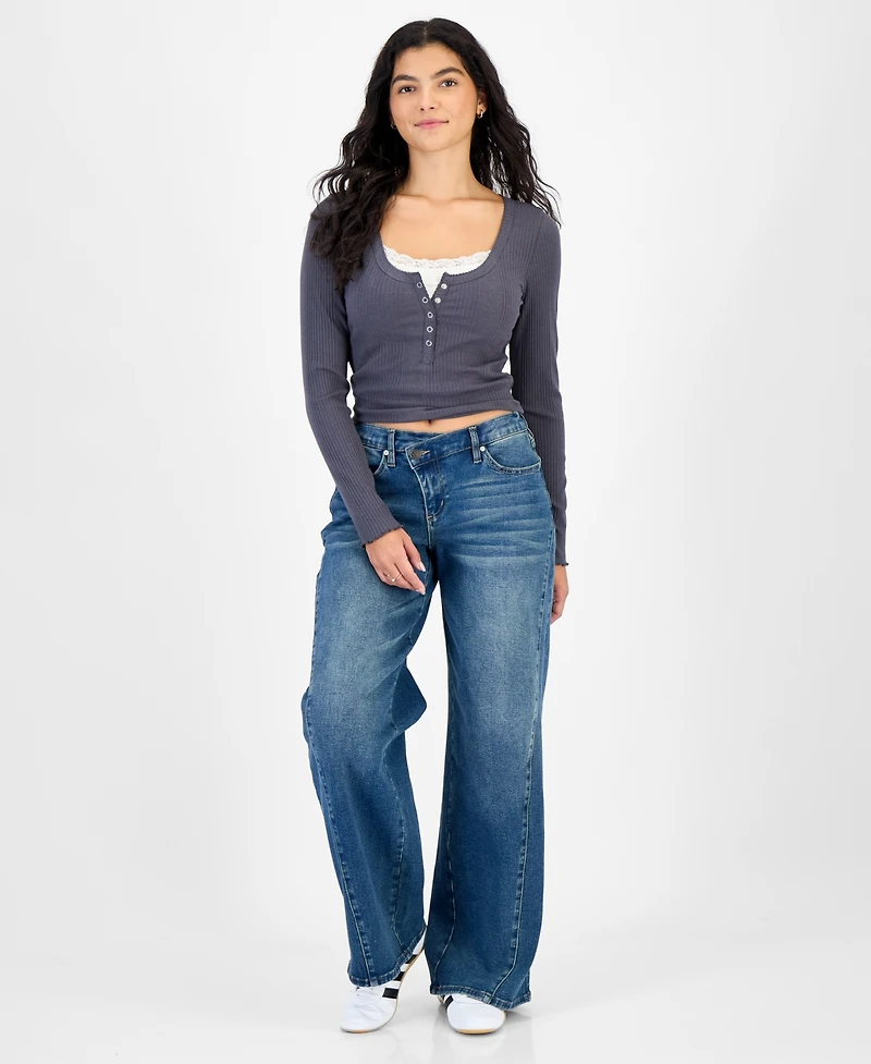 Hippie Rose Juniors' Layered-Look Henley Ribbed Long-Sleeve Top