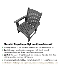 Hdpe All-Weather Outdoor Patio Dining Chair, Heavy-Duty Garden Backyard Armchair with Stainless Steel Hardware, Grey