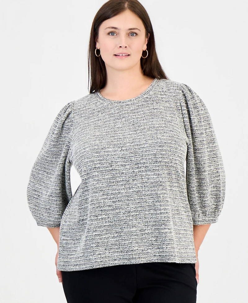 Anne Klein Essentials Plus Crew Neck Boucle 3/4-Length Balloon Sleeve Sweater