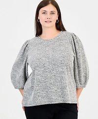 Anne Klein Essentials Plus Crew Neck Boucle 3/4-Length Balloon Sleeve Sweater