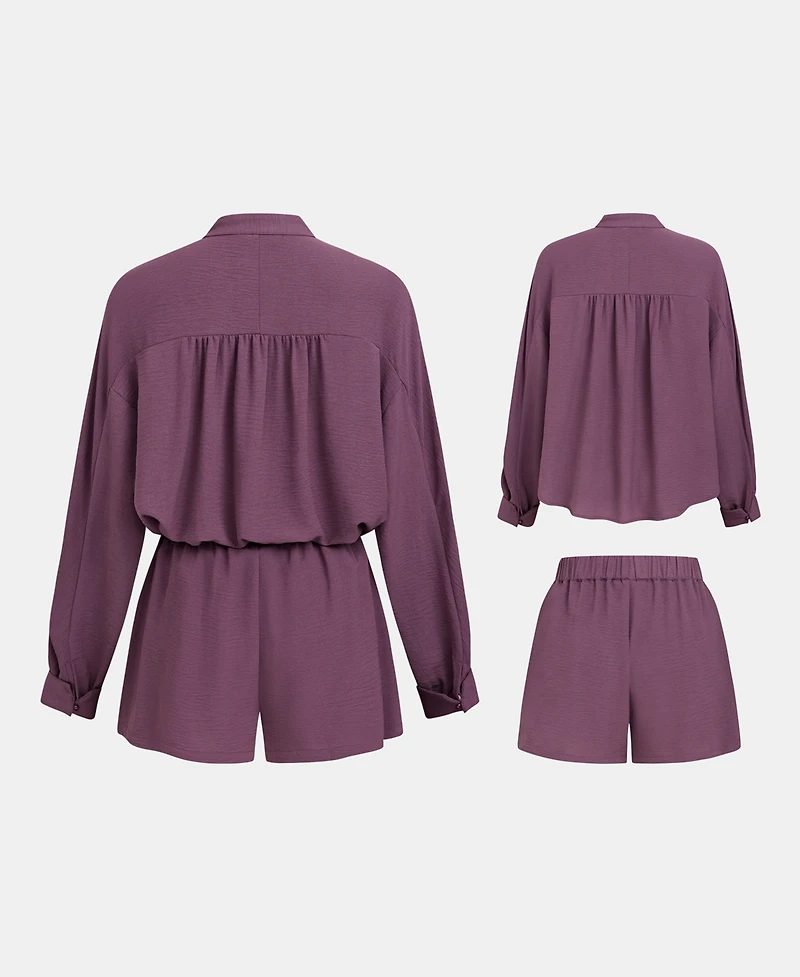 Cupshe Women's V-Neck Long Sleeve Blouse and High-Waisted Elastic Shorts Matching Outfits