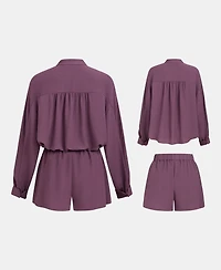 Cupshe Women's V-Neck Long Sleeve Blouse and High-Waisted Elastic Shorts Matching Outfits