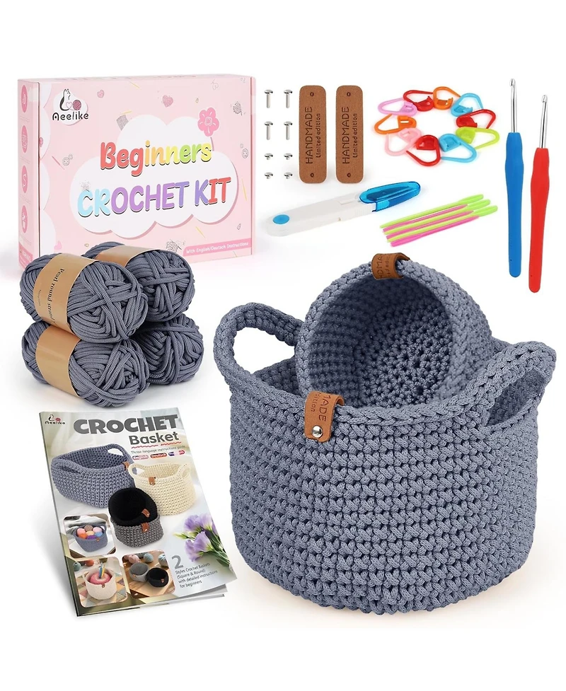 Aeelike Complete Crochet Basket Kit for Beginners - Includes Yarn, Hook, Stitch Markers, and Guidebook