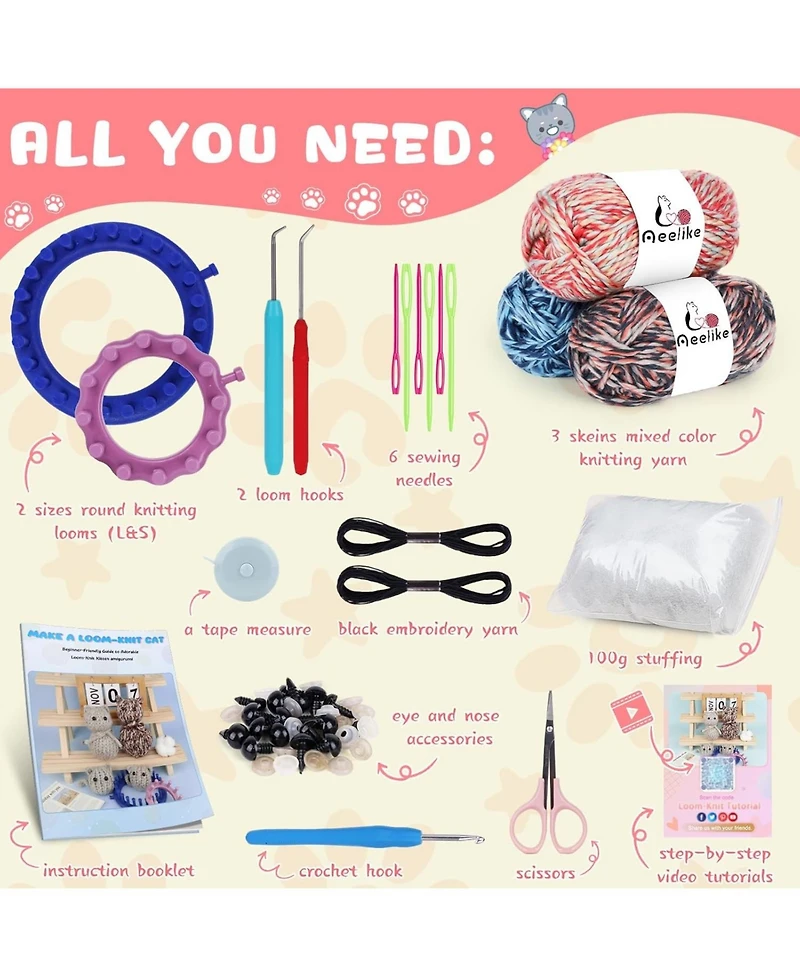 Aeelike Round Loom Knitting Kit for Beginners, Easy to Knit Cat (LandS) Complete Beginner Kit with Step-by-Step Instructions Videos, Animal Craft Gift