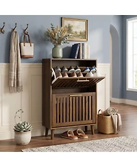 Sailvan 23.6 Inch Shoe Cabinet, Mid-Century Modern Freestanding Fence Cabinet with 2 Flip Drawers