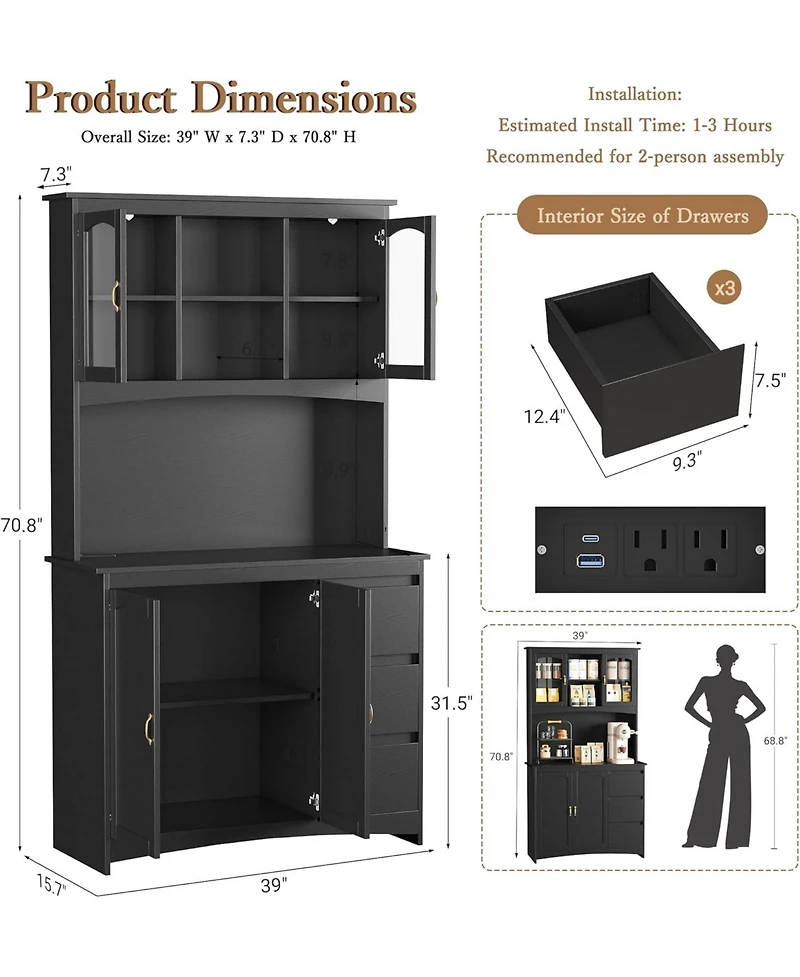 gaomon Kitchen Pantry Cabinet with Led Lights and Charging Station, 71" Tall Kitchen Hutch Storage Cabinet with Countertop, 3 Drawers, 4 Doors