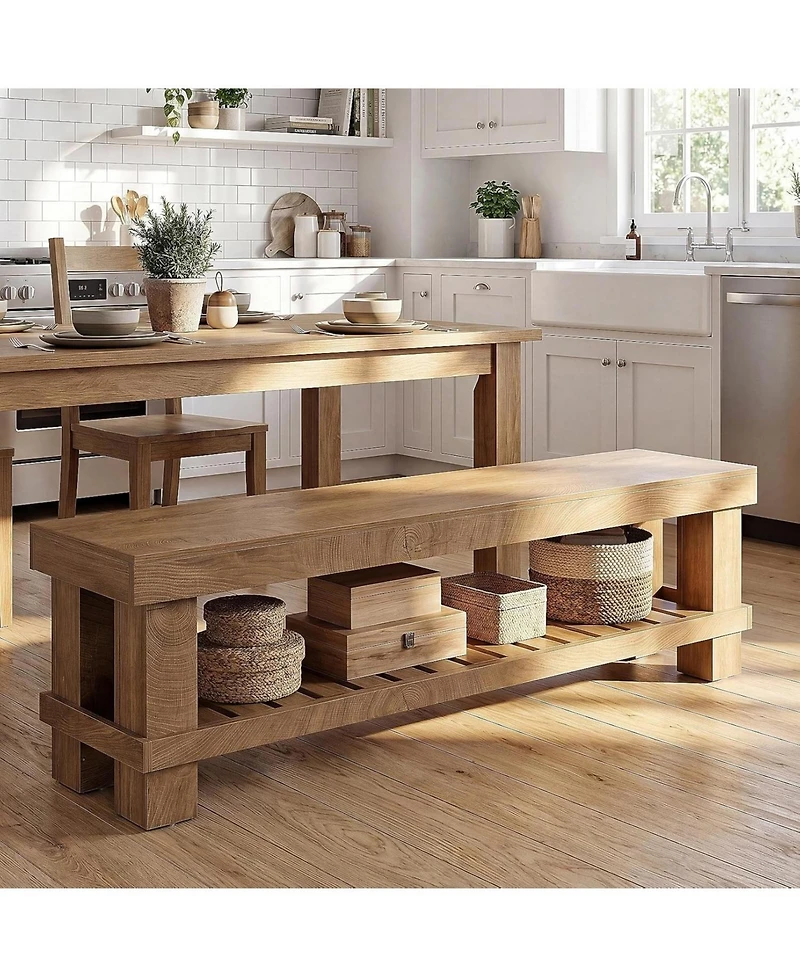 Tribesigns 63" Long Entryway Dining Bench with Slatted Shelf Farmhouse wooden bench seat with storage for hallway, mudroom, bedroom