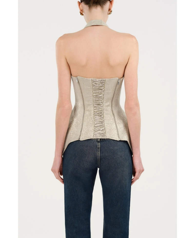 Nocturne Women's Snake Print Boned Corset Halterneck Body Top