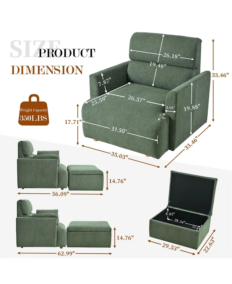 Rainsken Modern Oversized Accent Chair, Comfy Upholstered Armchair with Storage Ottoman and Side Pillows for Living Room, Reading Nook