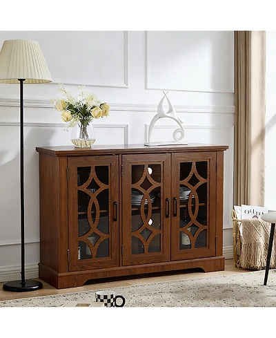 Clihome Buffet Sideboard Cabinet with 3 Tempered Glass Doors, Adjustable Shelves Mdf Storage