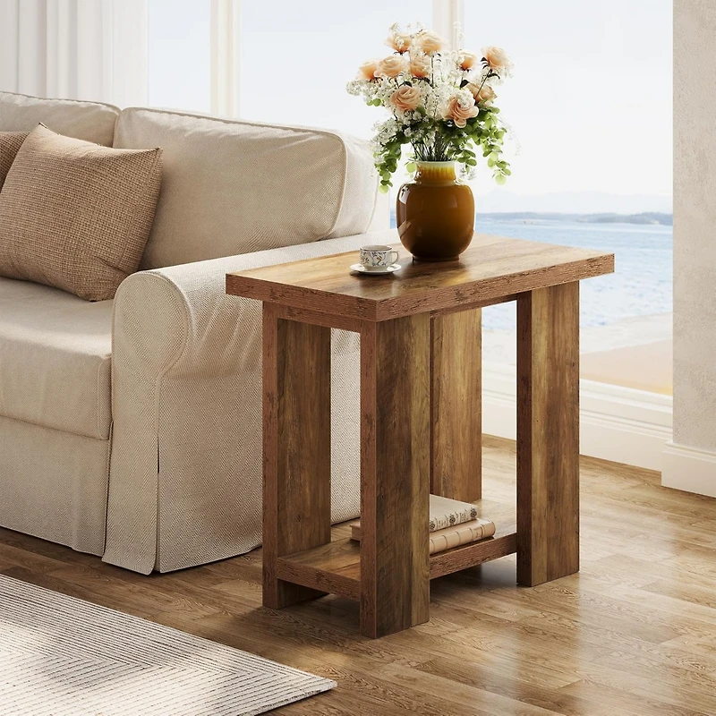Tribesigns 2 Tier Side Table with Storage,Rustic Wood End Table,Narrow Nightstand Bedside Table for Living Room,Bedroom,Small Spaces