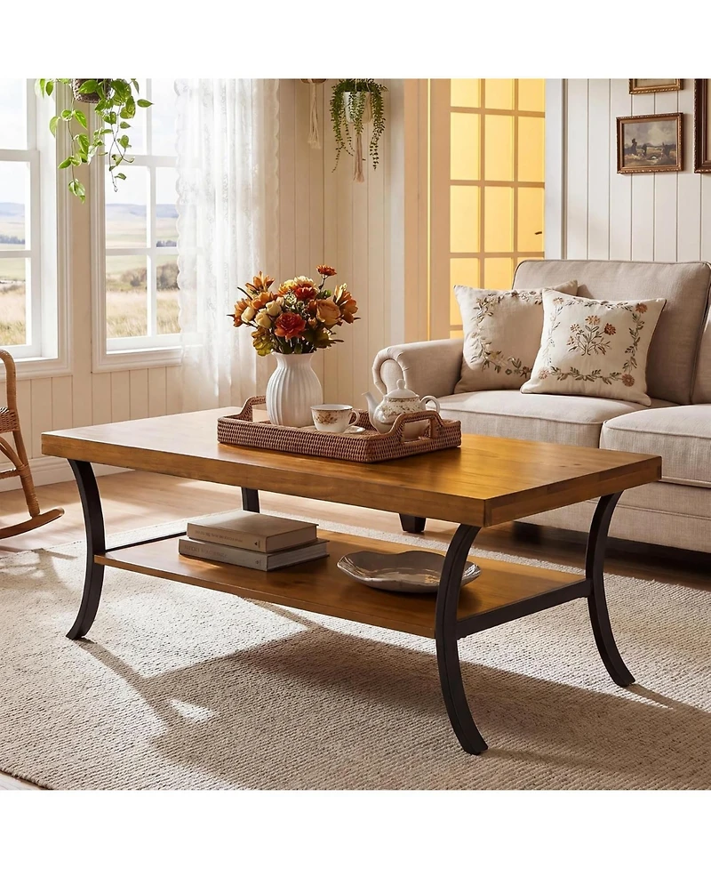 Tribesigns Farmhouse Coffee Table: 2-tier rectangular wood with storage shelf and curved metal legs. 47" center table for living room, home office