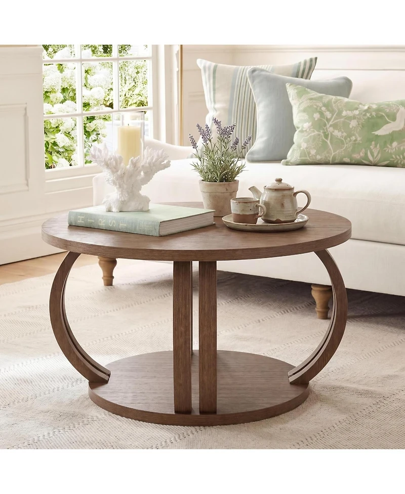 Tribesigns Round Coffee Table: 31.5" modern rustic center table with 2-tier shelf. Wooden table with curved base for living room and small spaces