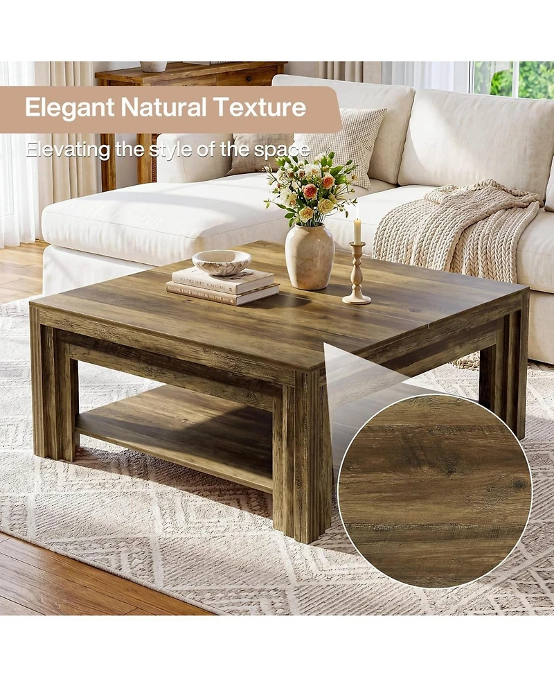 Tribesigns Square Coffee Table: 39" rustic farmhouse table with storage shelf and carved legs. For living room, apartment, small space.
