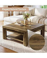 Tribesigns Square Coffee Table: 39" rustic farmhouse table with storage shelf and carved legs. For living room, apartment, small space.
