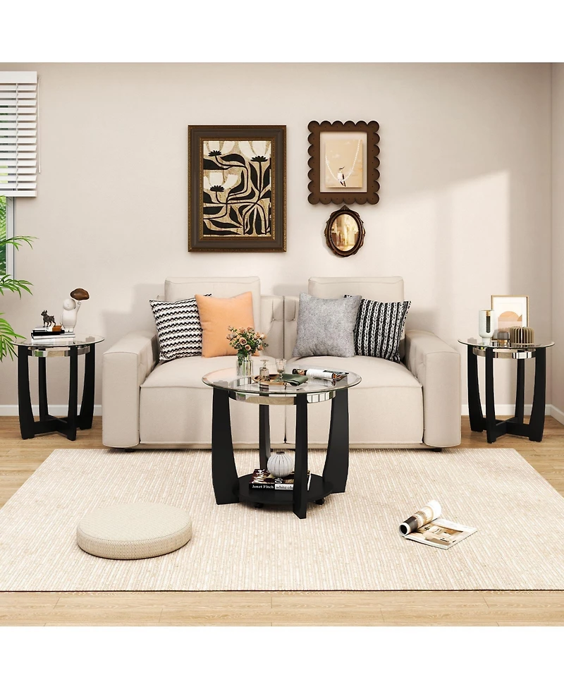 Costway Tempered Glass Coffee Table Set of 3, 2-Tier Coffee Table and 2 Round End Tables