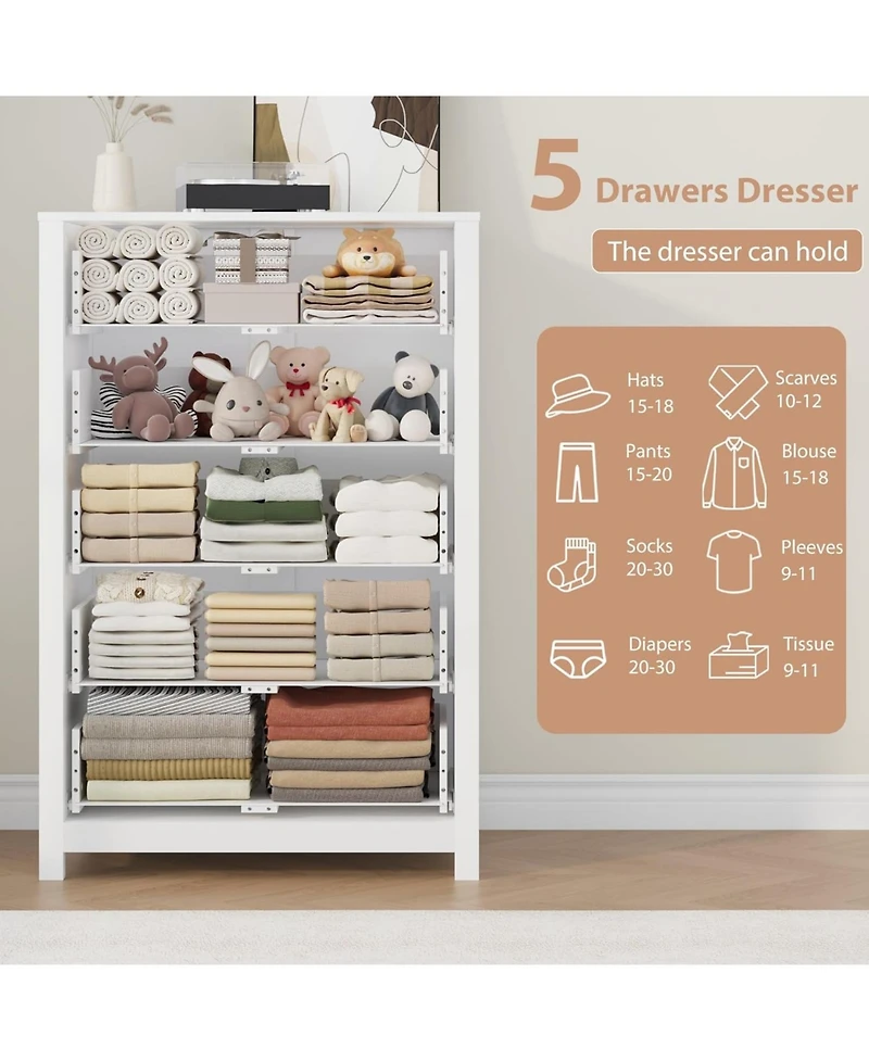 gaomon Modern 5 Drawer Wooden Dresser Chest, Tall Cabinet with Deep Storage Drawers, Metal Knobs, Versatile for Bedroom