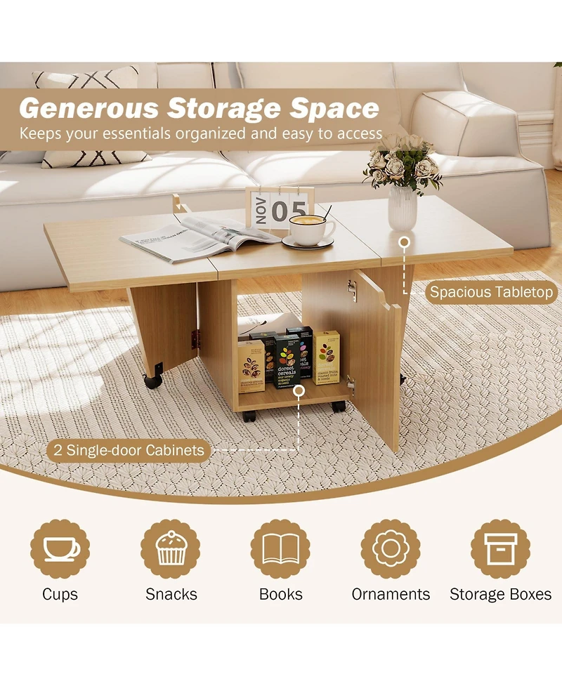 Sugift Foldable Coffee Table with Storage Cabinet and Lockable Wheels, 48 x 24 inch