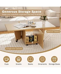 Sugift Foldable Coffee Table with Storage Cabinet and Lockable Wheels, 48 x 24 inch