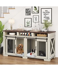 gaomon 71'' Heavy Duty Double Dog Crate Coffee Table - Pet Kennel with 3 Storage Drawers, Removable Divider, Sliding Barn Door