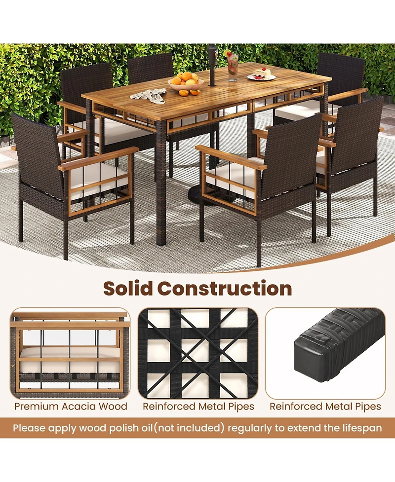 Gymax Set of 7 Pe Wicker Patio Dining Set with Umbrella Hole Cushions for Deck Garden