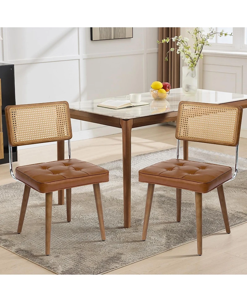homfan Rattan Dining Chairs Set of 2, Pu Upholstered Tall Cane Back, Button Design, Wood Legs