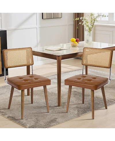homfan Rattan Dining Chairs Set of 2, Pu Upholstered Tall Cane Back, Button Design, Wood Legs