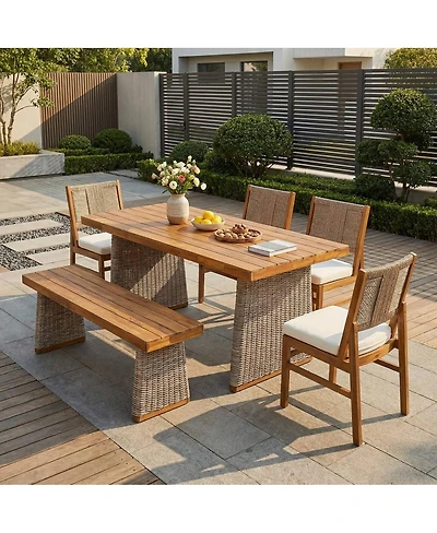 Asagikoiai 6-Piece Acacia Wood Outdoor Dining Set with Wicker Chairs and Bench
