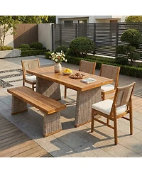 Asagikoiai 6-Piece Acacia Wood Outdoor Dining Set with Wicker Chairs and Bench