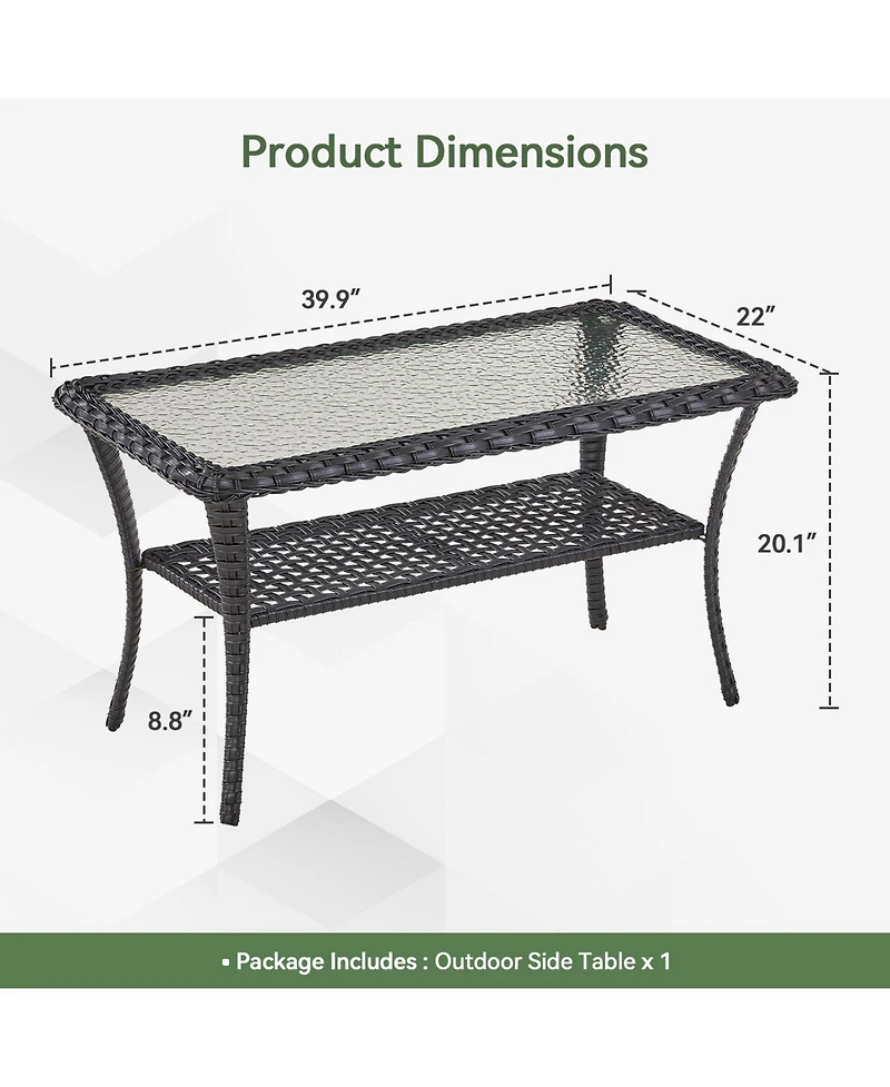 Pocassy Outdoor Coffee Table with Storage Wicker Patio Table, Tempered Glass Top for Outside Balcony Porch Deck