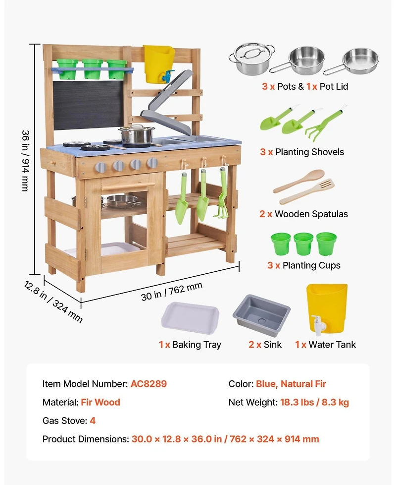 Mecale Kids Outdoor Mud Kitchen, Wooden Play Kitchen with Stove, Hooks & Sink, Shovels, Spatulas, Handle, Cookware Pots & Accessories
