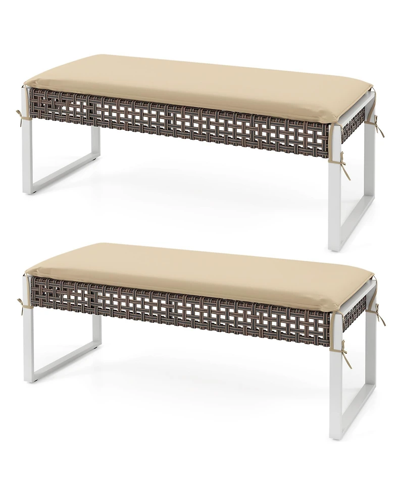 Sugift Patio Rectangle Wicker Ottoman Pack of 2 with Cushions and Metal Legs, 44.5 x 18.5 inch