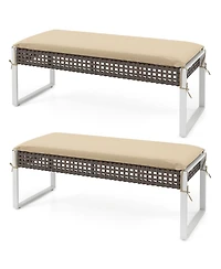Sugift Patio Rectangle Wicker Ottoman Pack of 2 with Cushions and Metal Legs, 44.5 x 18.5 inch