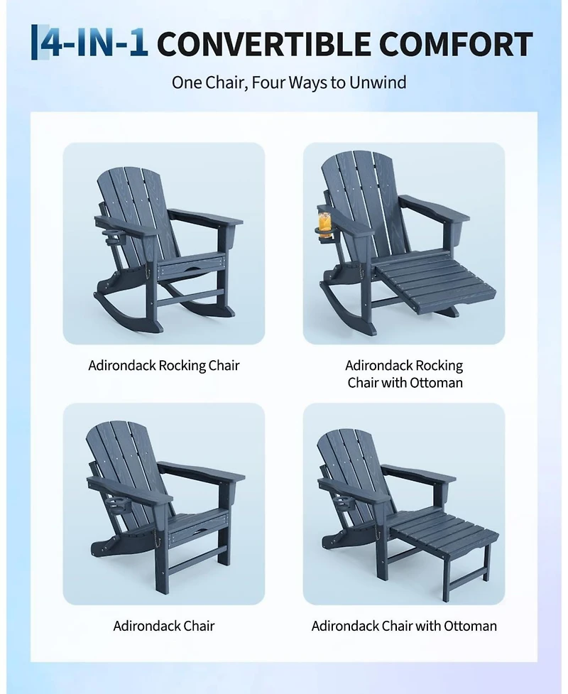 gaomon 2 Piece All-Weather Hdpe Outdoor Folding Adirondack Rocking Chair with Retractable Ottoman for patios, Decks