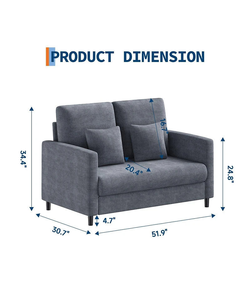 homfan 52" Loveseat - Fabric Sofa with Tool-Free Setup, 2 Throw Pillows, All-Wood Frame for Bedroom or Living Room
