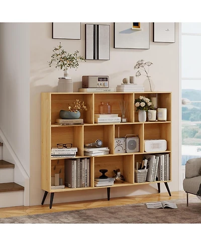 homfan 10-Cube Wood Color Bookshelf 3-Tier Open Storage Shelf with Legs for Bedroom, Living Room or Office